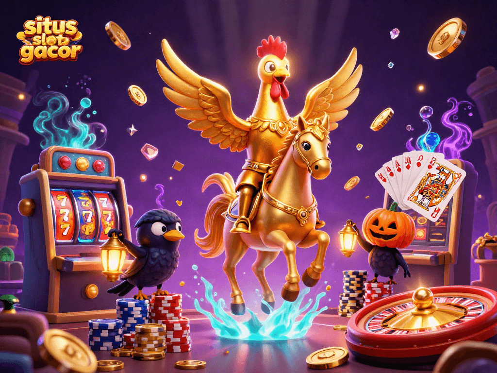 Experience thrilling gaming with situs slot gacor as vibrant characters mingle among slots and casino elements.