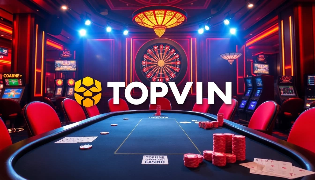 Topvin logo featured at a luxurious poker table in an upscale casino setting.