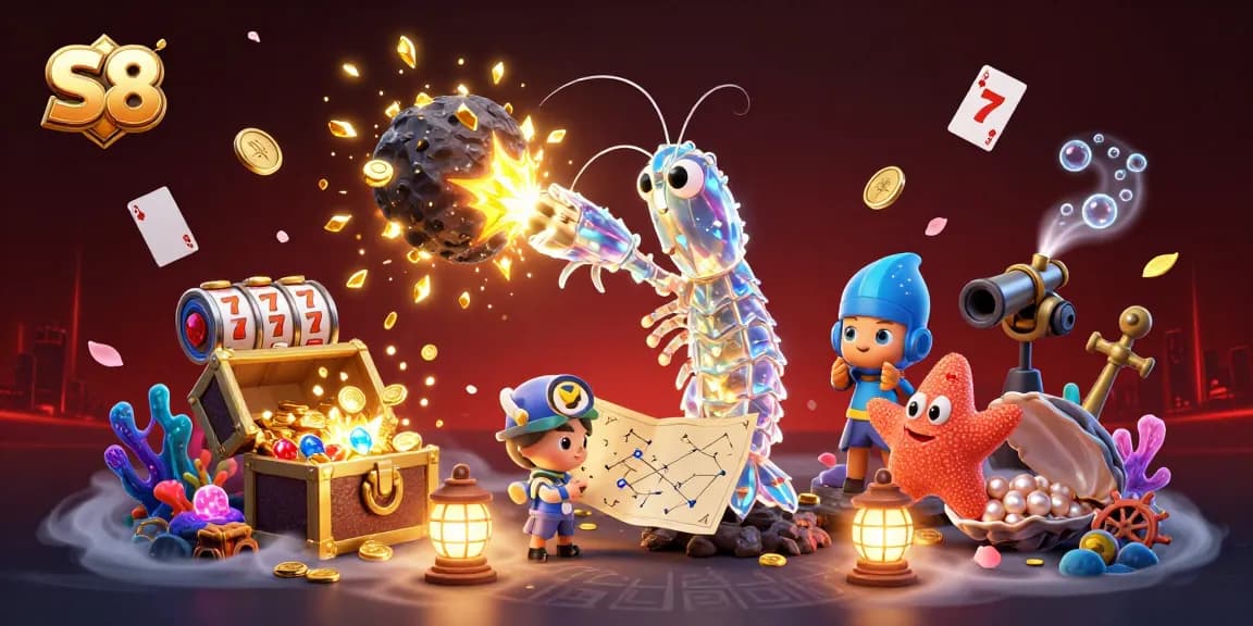 S8 offers thrilling gameplay with a samurai shrimp battling for golden gems in a vibrant casino world.