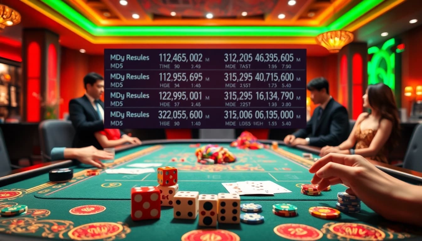 Tài xỉu MD5 gameplay featuring vibrant dice and engaged players in a luxurious casino setting.