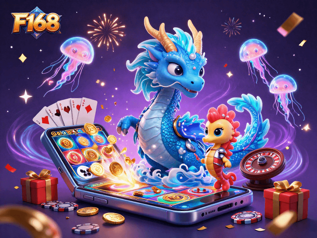 Experience the thrill of F168 with a vibrant 3D casino scene featuring a water dragon and gaming elements.