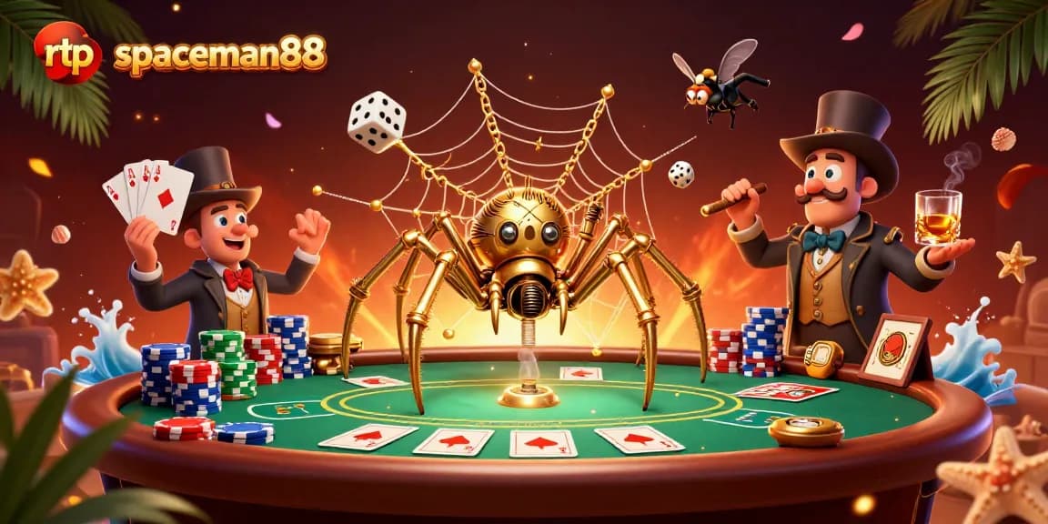 Engage with thrilling rtp spaceman88 gameplay, featuring a steampunk spider and dice in an inviting casino scene.