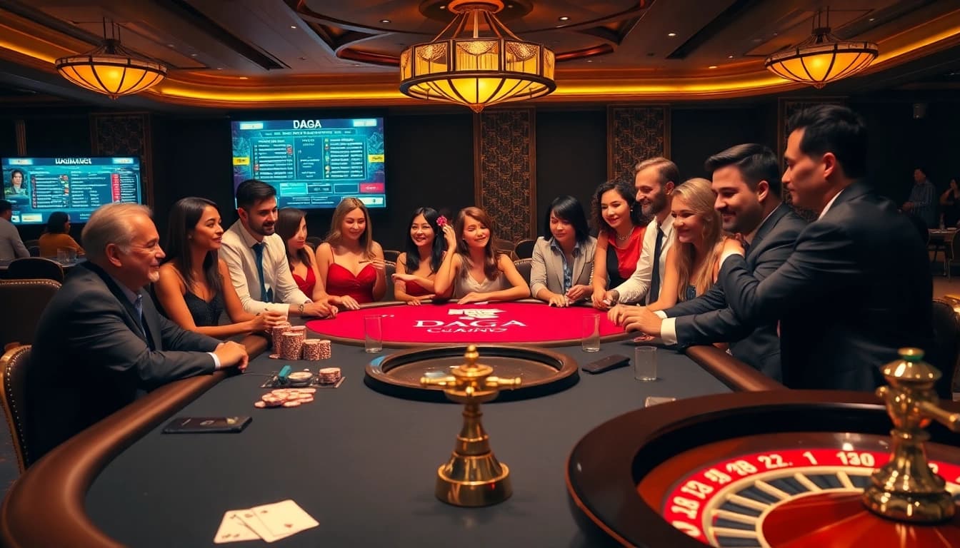 DAGA players enjoying an exhilarating casino experience with poker and roulette tables.