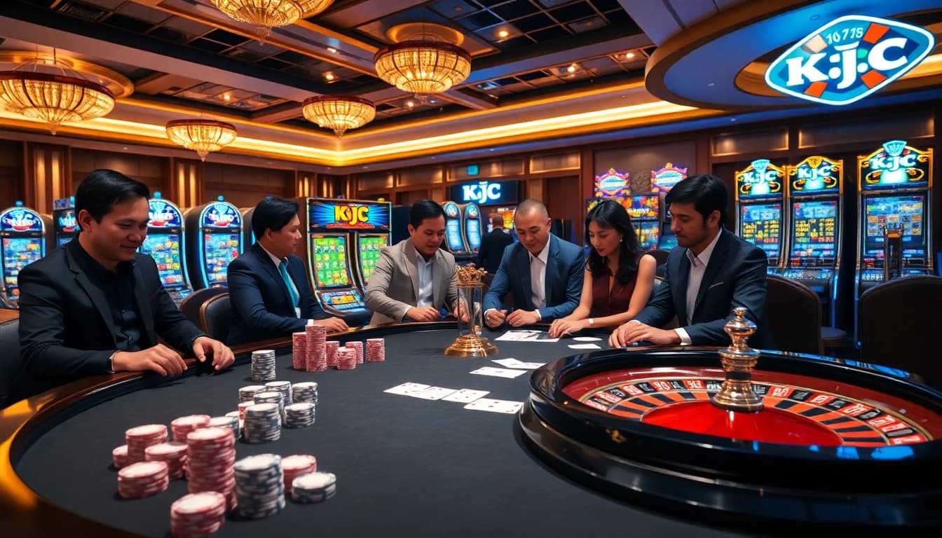 KJC poker players engaging in high-stakes action at a luxurious casino table.