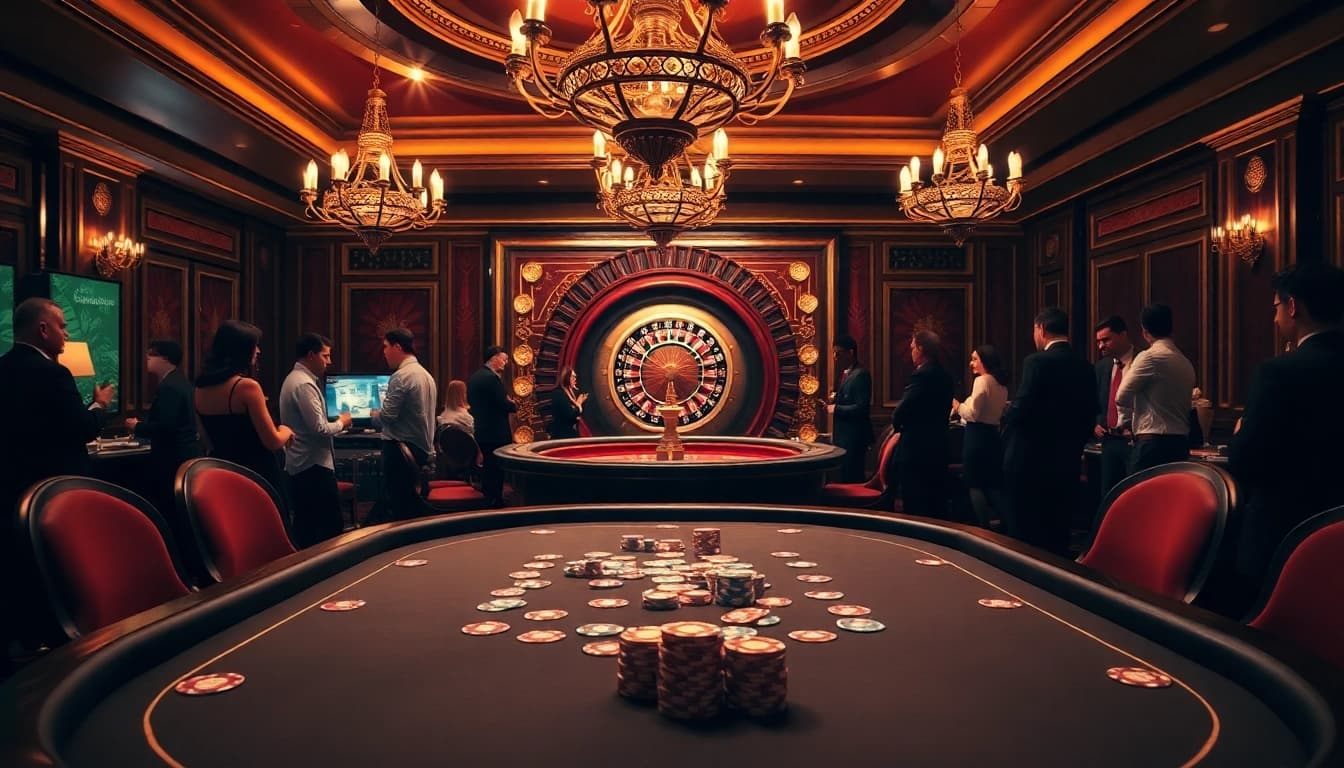 Experience high-stakes gambling at fabet.br.com with a luxurious poker table and vibrant casino environment.