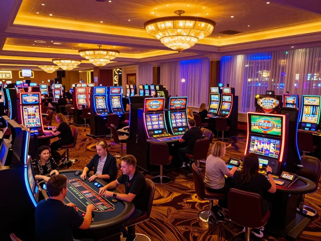 Experience the vibrant action at Da88 casino with players enjoying various games on an upscale floor.