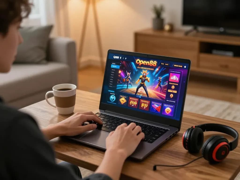 Player enjoying dynamic online gaming experience at open88 casino from a cozy living room.