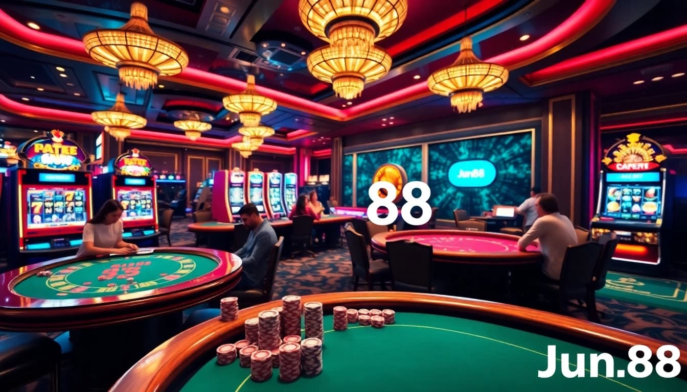 Players winning at Jun88's Baccarat tables in an elegant online casino atmosphere filled with excitement.