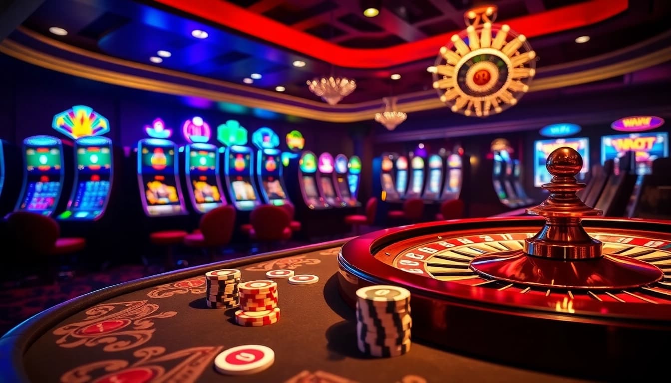 Winning at Luckywin casino with vibrant slot machines and poker chips on a luxurious table.
