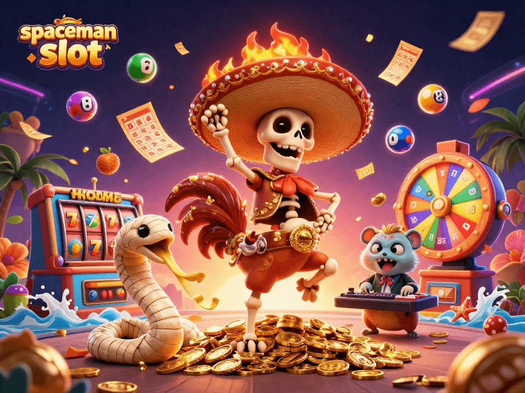 Experience the excitement of the spaceman slot with a vibrant 3D illustration featuring colorful elements and dynamic characters.