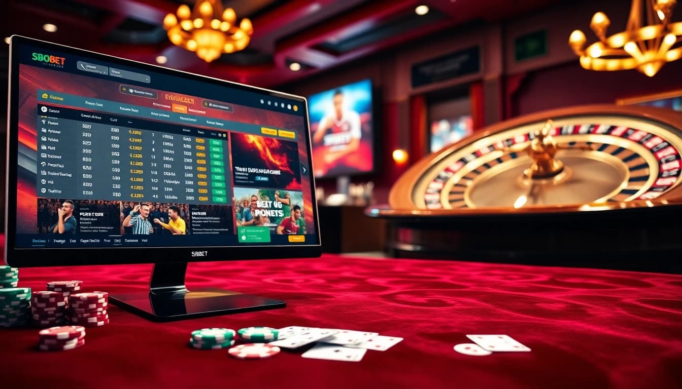 Sbobet online betting interface with vibrant odds, surrounded by casino elements and poker chips.