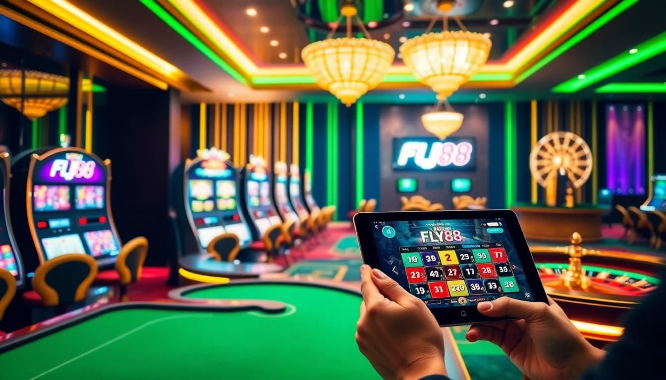 Experience the excitement at Fly88 Casino with vibrant slot machines and poker tables.