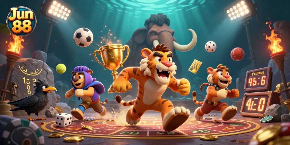 Experience dynamic gaming thrills at Jun 88 with 3D casino characters in a vibrant prehistoric setting.