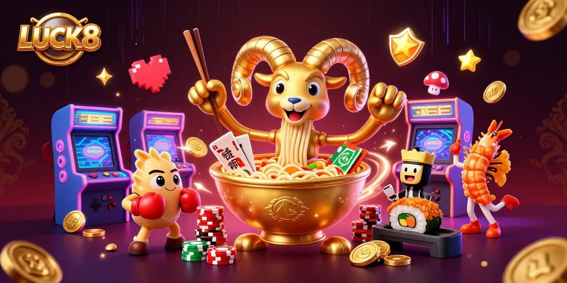 Engage with LUCK8's vibrant gaming world featuring animated casino characters and dynamic game elements.