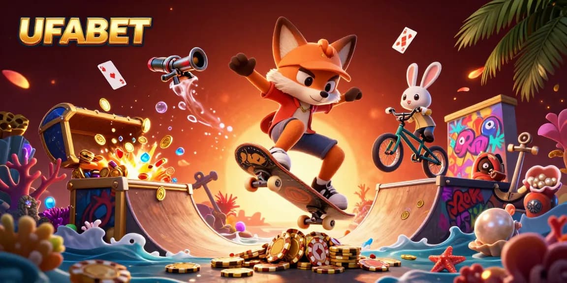 Experience the excitement of UFABET with a vibrant scene featuring playful characters and casino-themed elements.