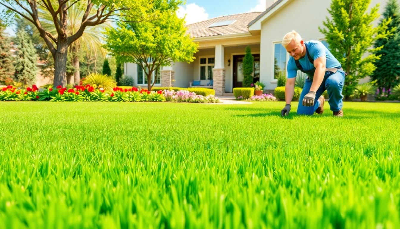 Sod Installation in San Antonio, TX showcasing vibrant grass and professional landscaper