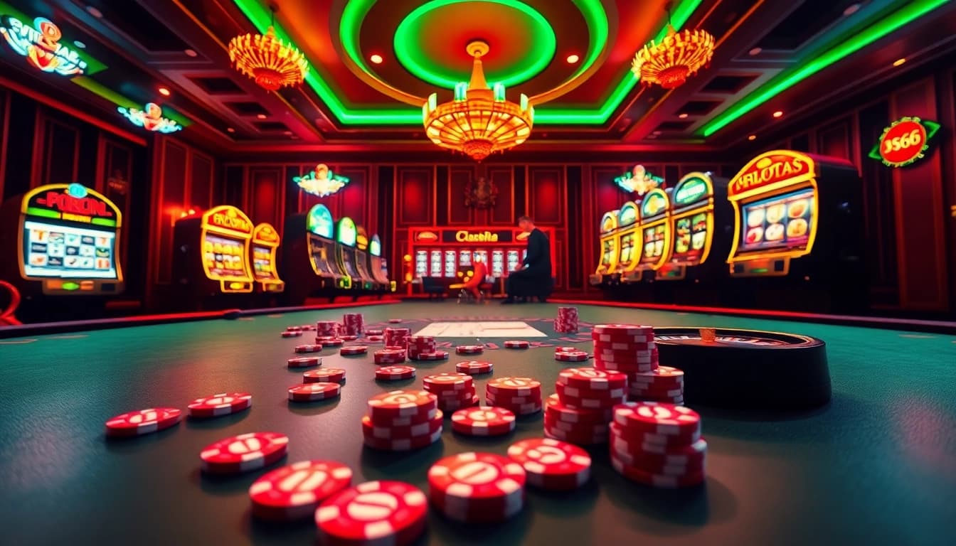 Experience the excitement of MB66 casino with vibrant tables and slot machines in a luxurious setting.