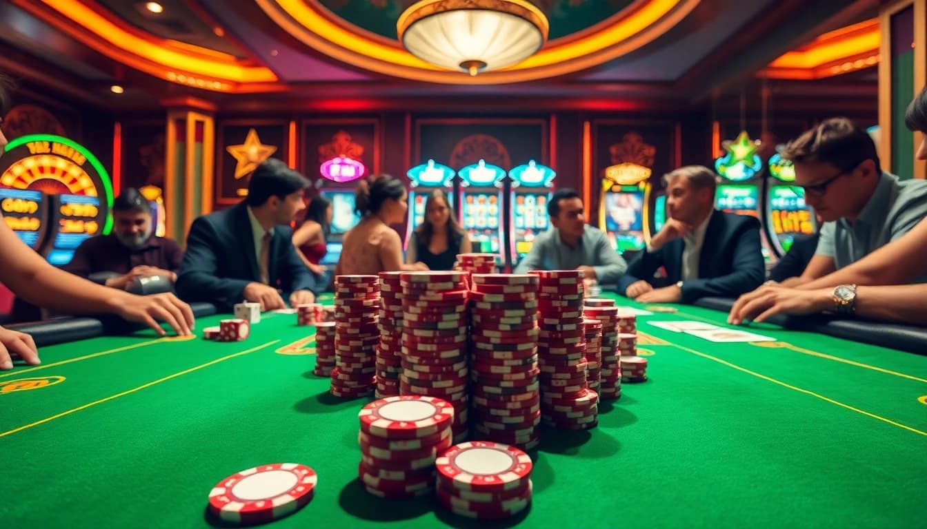 B52 Club players eagerly engage in a thrilling card game at a luxurious casino table.
