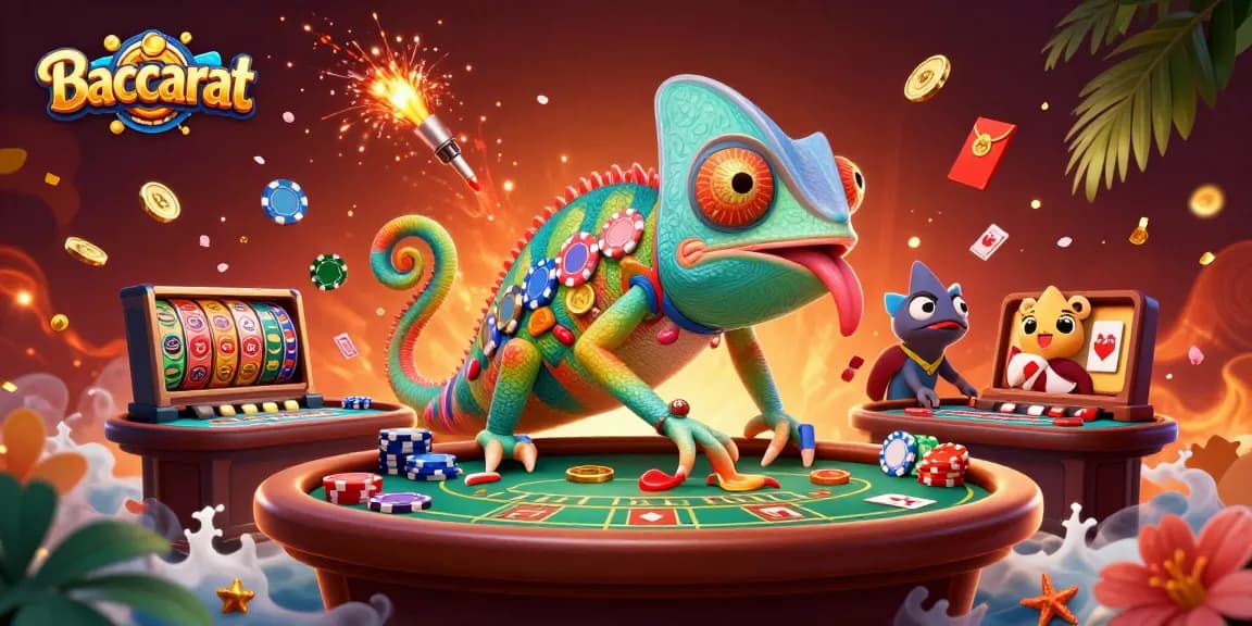 Baccarat scene with a colorful chameleon casino owner among floating cards and festive elements.