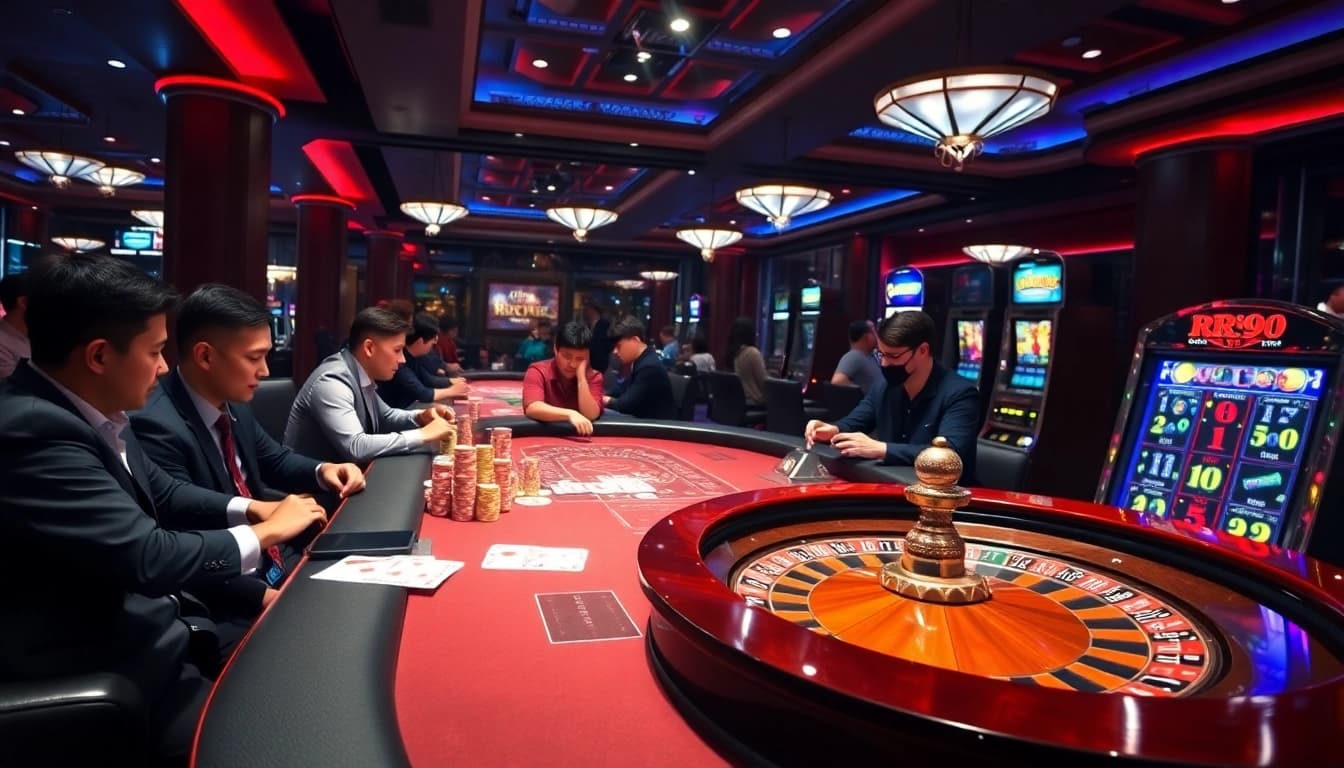 Experience the excitement of RR99 with a vibrant casino scene featuring roulette and poker chips.