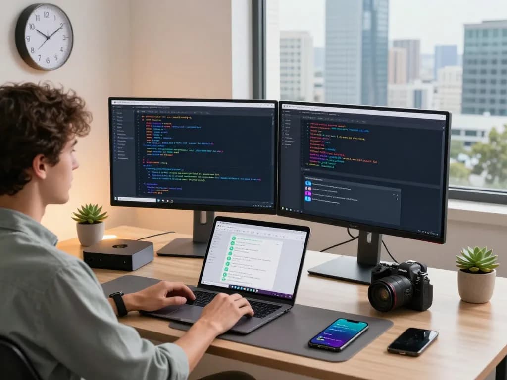 OpenClaw personal AI assistant workspace with dual monitors and Mac mini in a modern office.