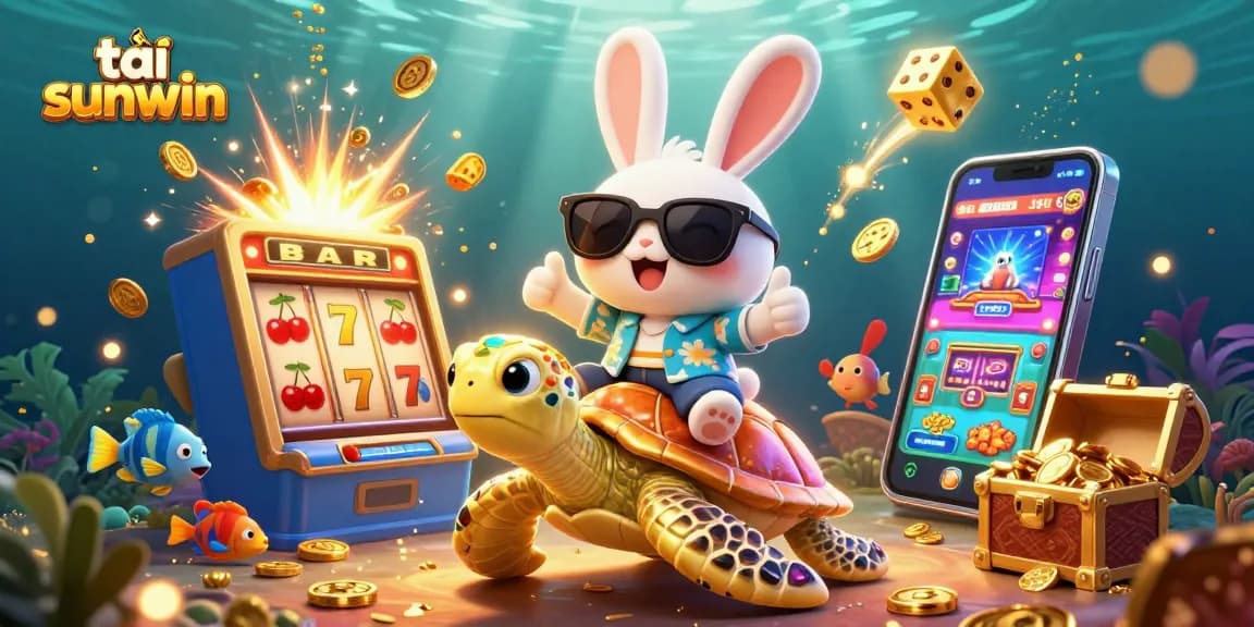 Tải sunwin now with this vibrant 3D illustration featuring a lucky rabbit and golden turtle in an exciting casino scene.
