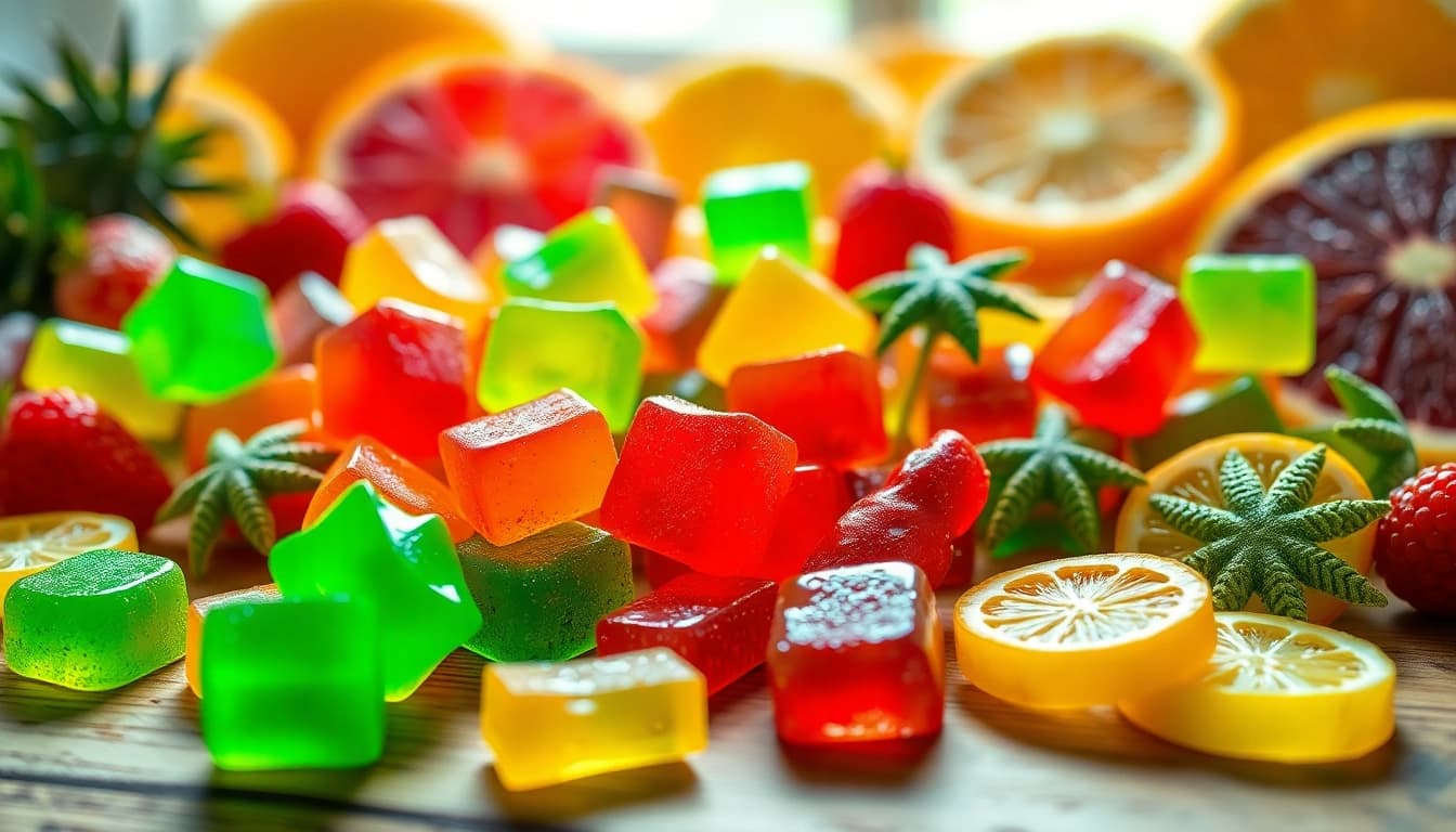 Tempting display of Weed Gummies with vibrant fruits, showcasing colorful, textured edibles.