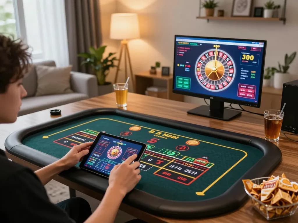 Player engaged in online gambling on bags168 tablet at cozy home setup with roulette game.