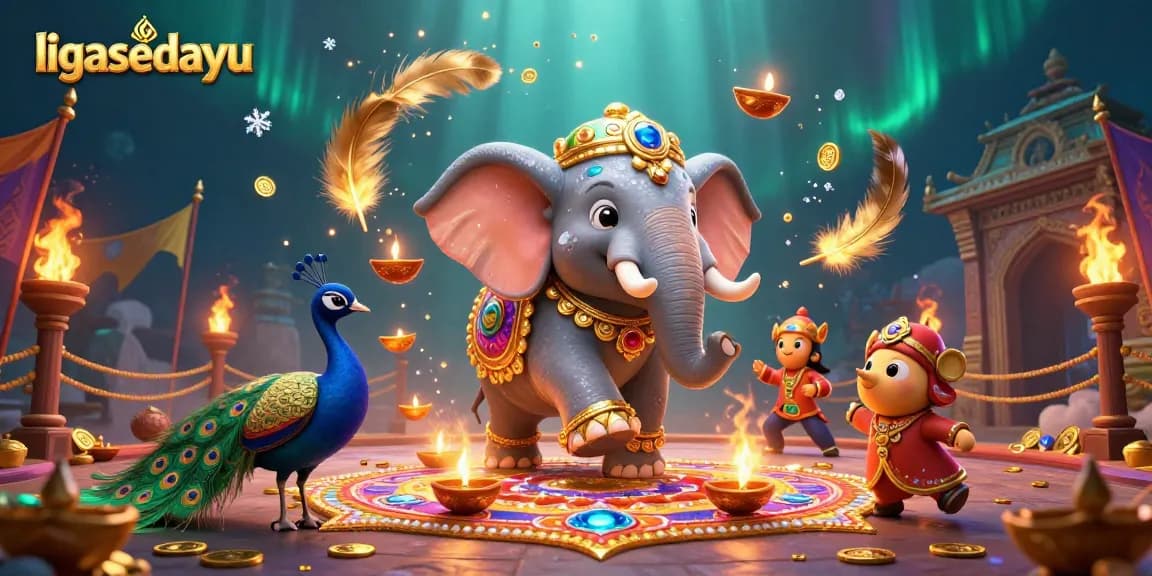 Experience the vibrant world of ligasedayu with animated casino elements and a festive elephant.