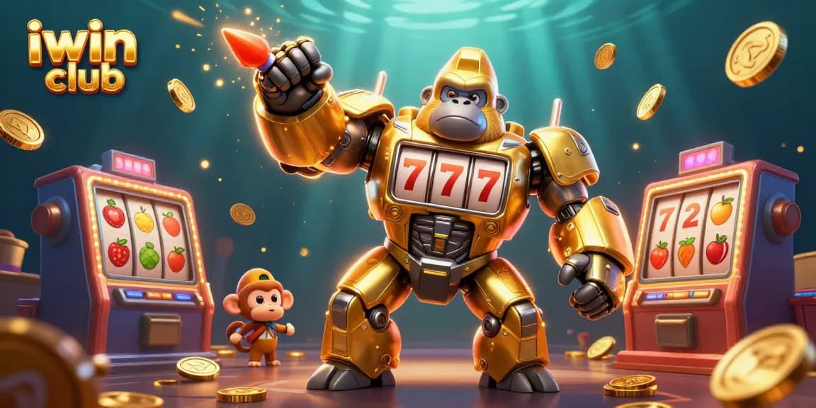 Experience the excitement of iwin club with a dynamic 3D illustration showcasing a golden gorilla mech.
