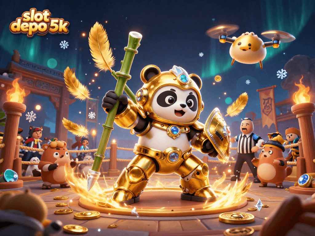 Engage with slot depo 5k in this vibrant 3D casino arena, showcasing unique gaming elements.
