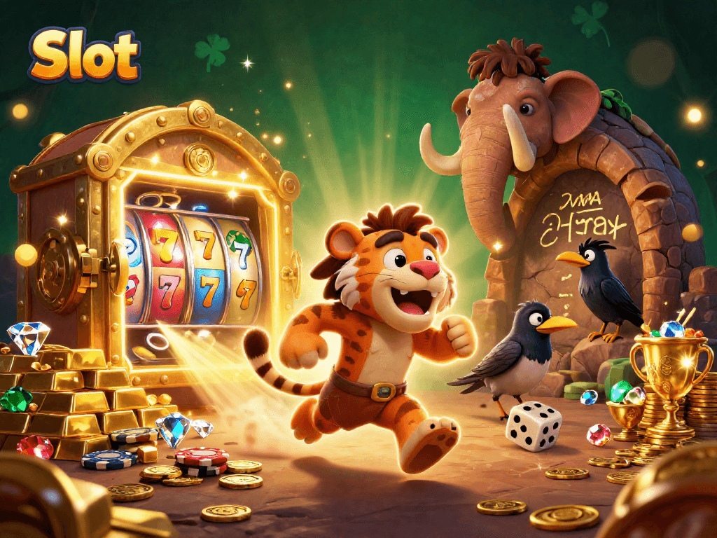 Experience thrilling Slot action in a vibrant 3D casino scene filled with treasure and excitement.