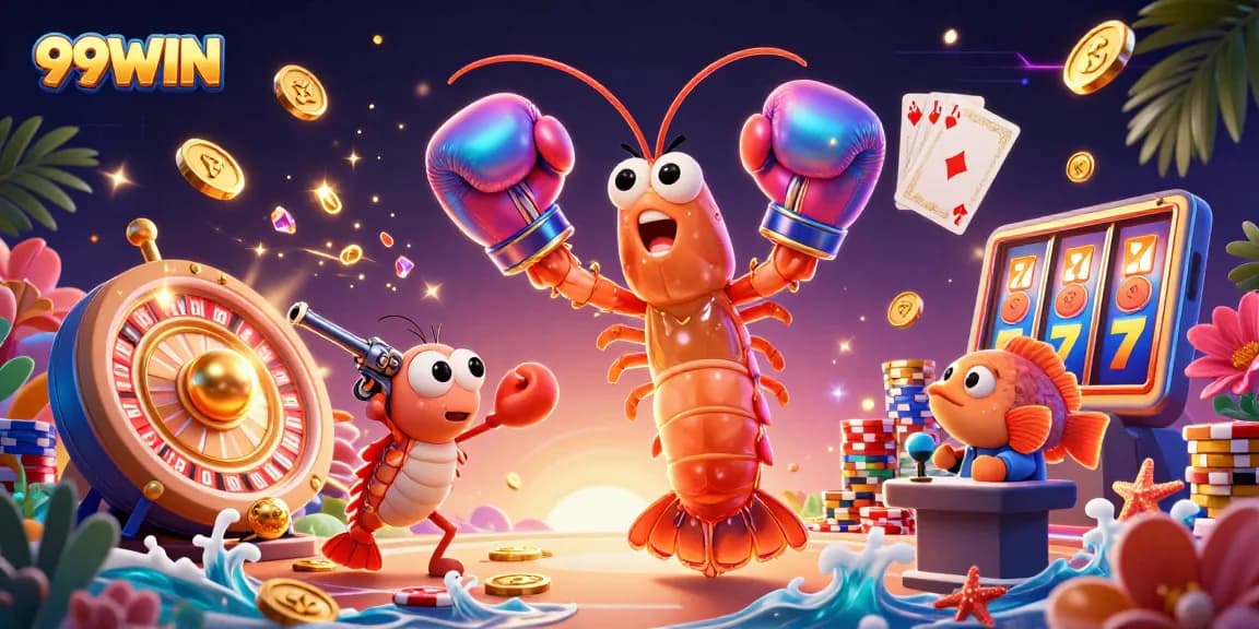 Witness the lively 99WIN casino scene featuring a vibrant competition with oceanic characters and game elements.