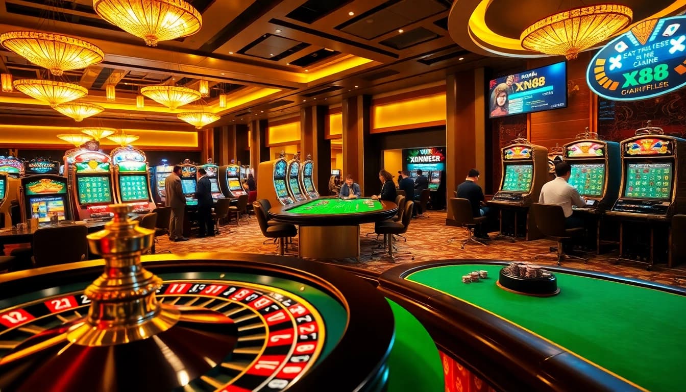 Experience the excitement of gaming at XN88's vibrant casino floor with engaging tables and slots.