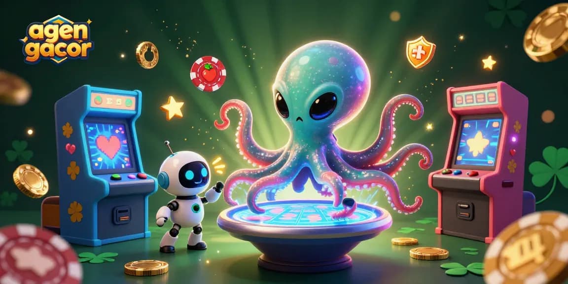 Experience the thrill of agen gacor with a lively 3D alien octopus at a floating slot machine table.