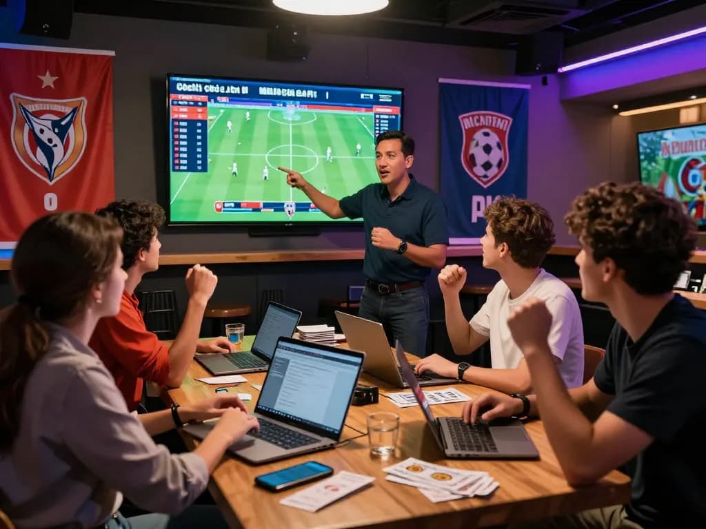 Exciting kèo nhà cái scene in a lively sports bar with fans discussing soccer betting strategies and real-time odds updates.