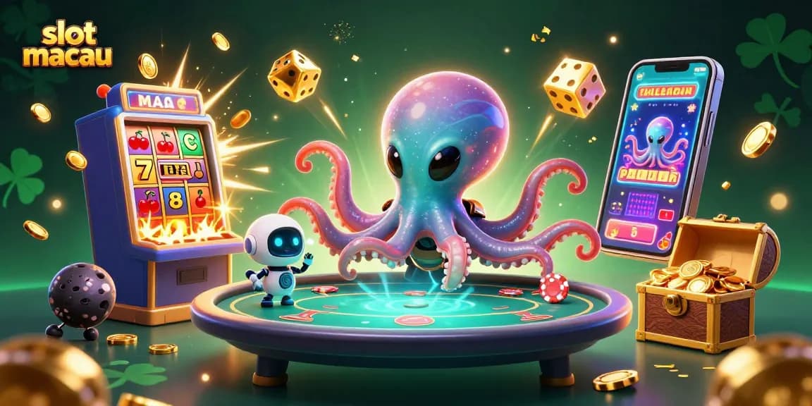 Experience the thrill of slot macau with a vibrant 3D illustration of an alien octopus at a poker table amid dazzling casino elements.