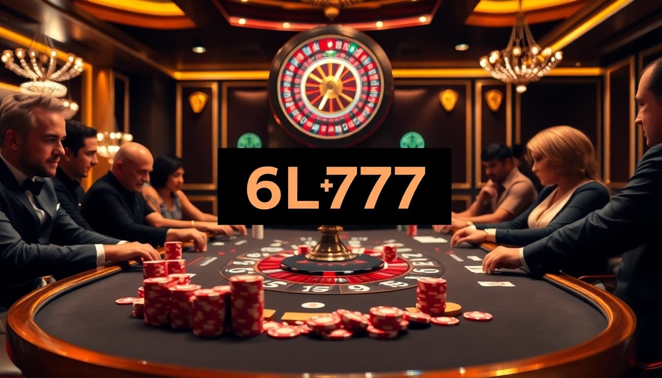 Exciting gambling action at a luxurious casino table featuring 6L777 poker chips and cards.