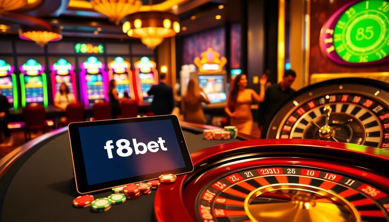Players enjoying exciting casino games at f8bet with vibrant slot machines and poker tables in a luxurious setting.