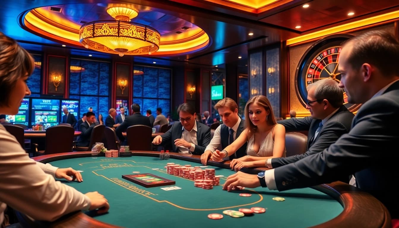 Elegant poker players competing in a luxurious casino setting at XN88.