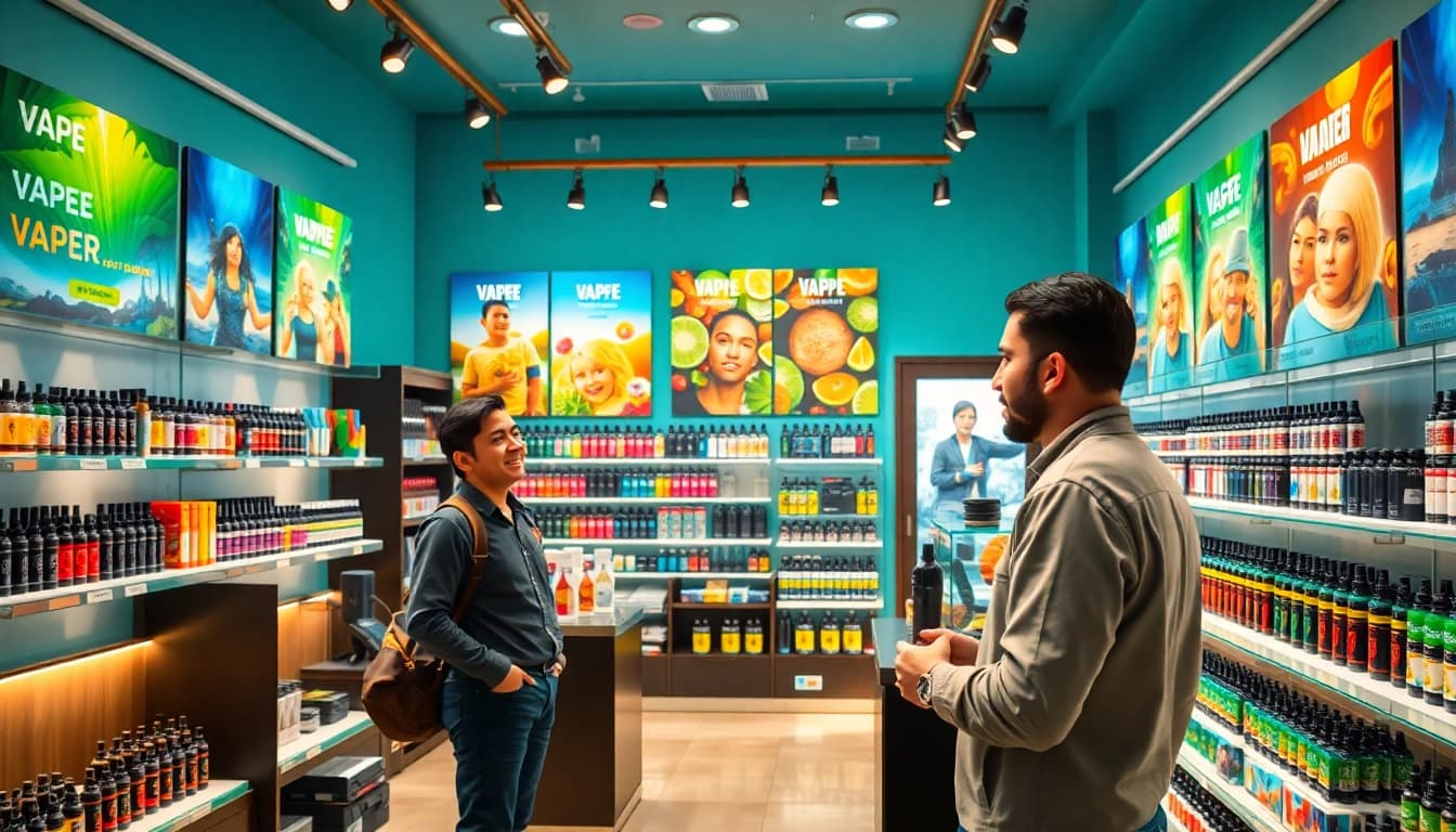 Shopkeeper assisting customers in a colorful vape shop filled with various products.