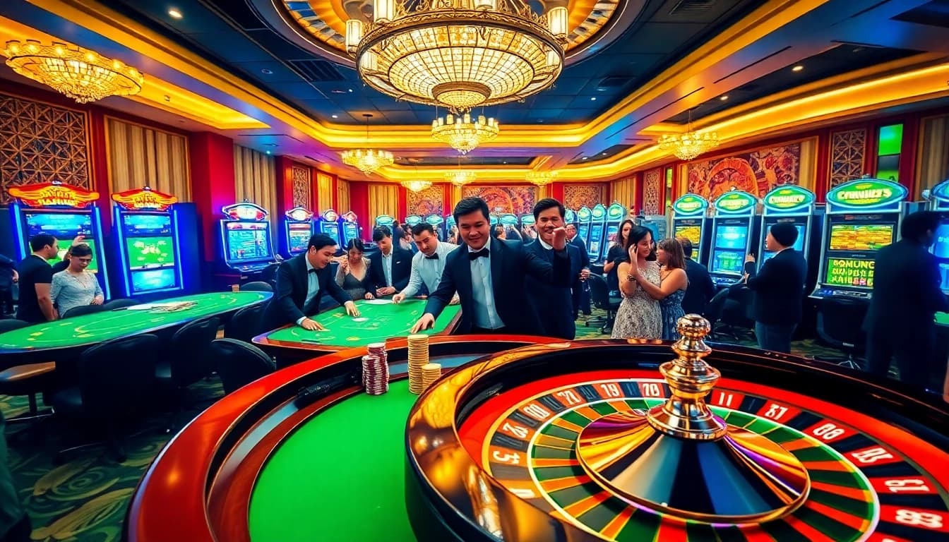 Excited players enjoying a game at UU88 casino, featuring poker tables and slot machines.