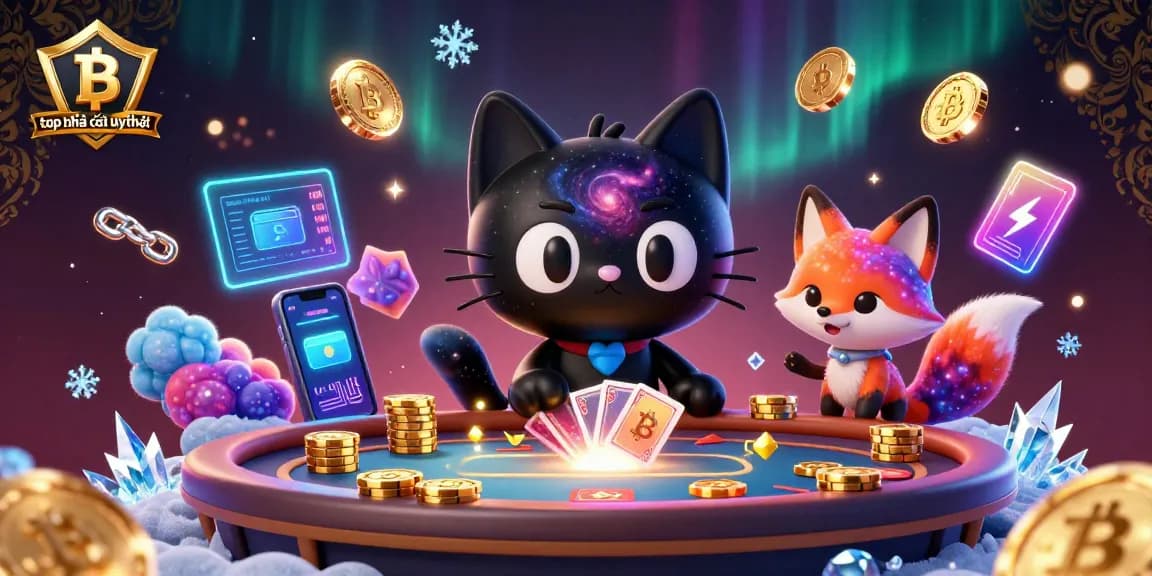 Engage in thrilling casino adventures with top nhà cái uy tín as characters attract golden chips in a colorful cosmic setting.