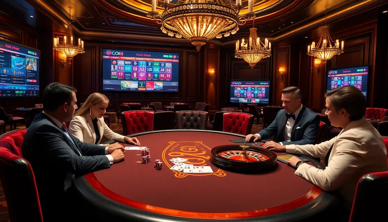 Go8 players engaging in a thrilling poker game at a luxury casino table.