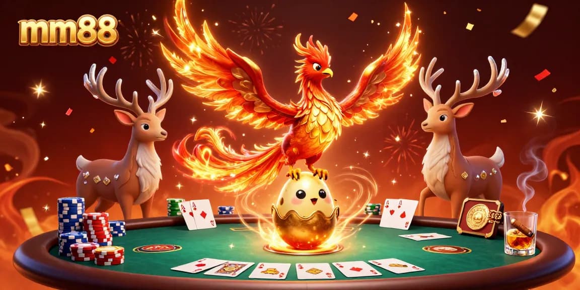 Join the action with mm88 as a phoenix soars over a poker table filled with chips and cards.