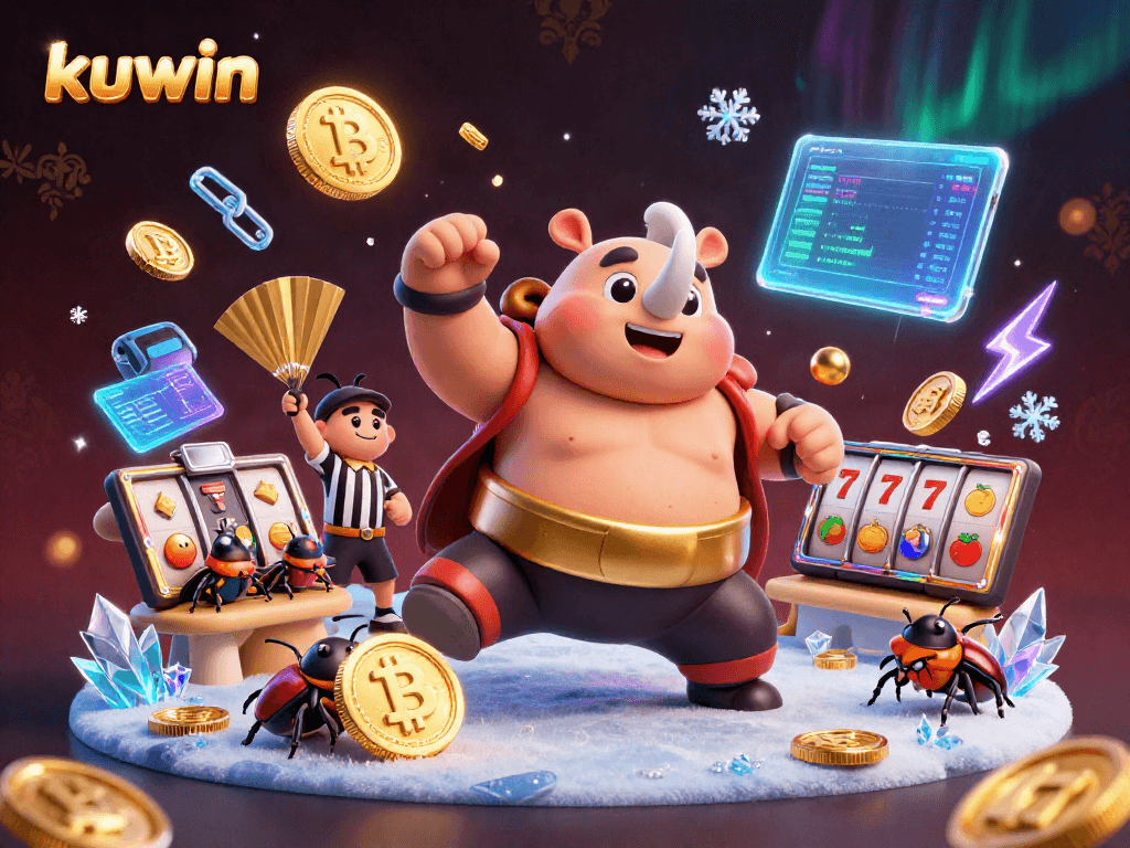 Kuwin jackpot action with flying coins and engaging characters in an exciting casino scene.