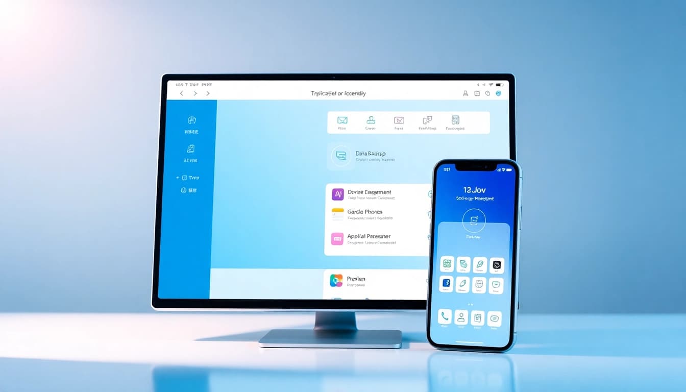 Love Assistant interface displayed on devices, showcasing iOS management features with a modern, professional design.