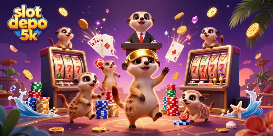 Experience excitement at slot depo 5k with lively meerkats in a bustling casino scene.