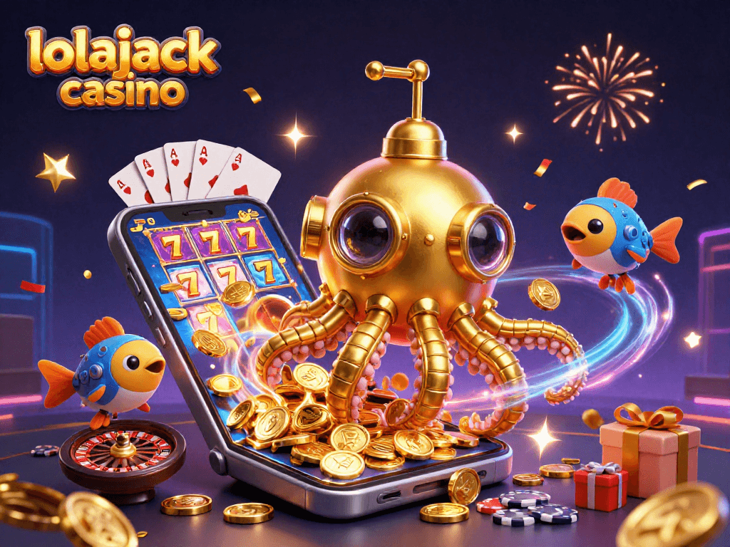 Experience the excitement of lolajack casino with a vibrant 3D scene featuring a golden kraken and slot games.
