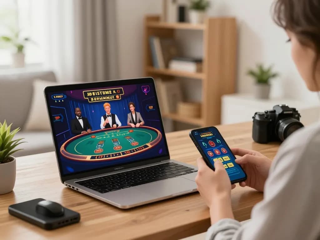 Engaging online gaming moment with keonhacai app displayed on smartphone and laptop